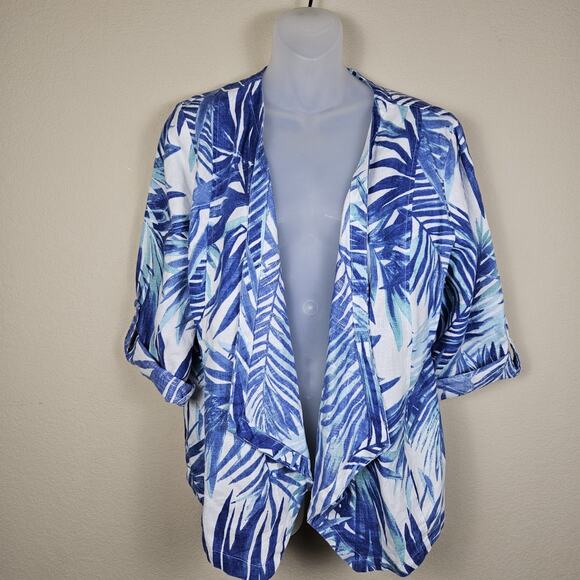 Chicos 2 Linen Open Blazer Jacket Roll Tab Sleeve White Blue Tropical Womens L - Picture 1 of 12
